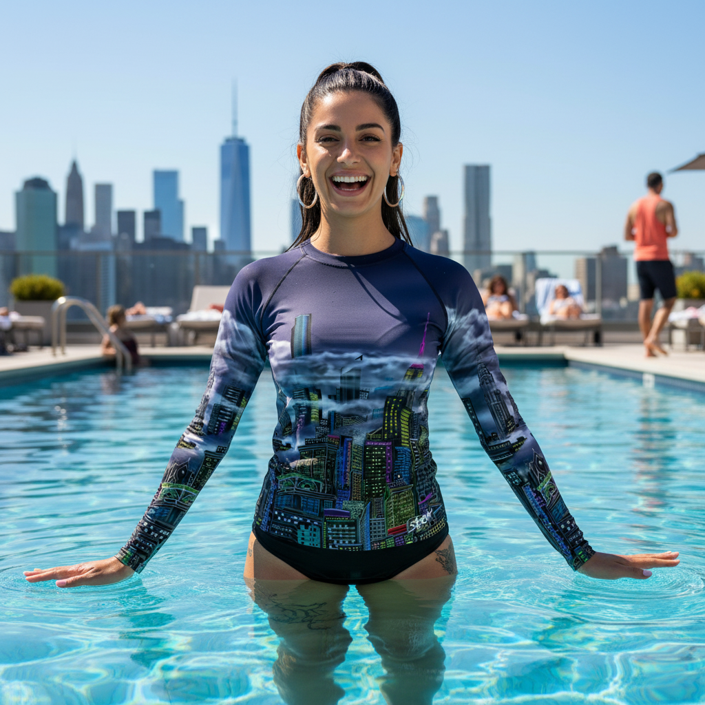 Female in roof top pool wearing a Loria NYC Art rash guard with a skyline in the background.