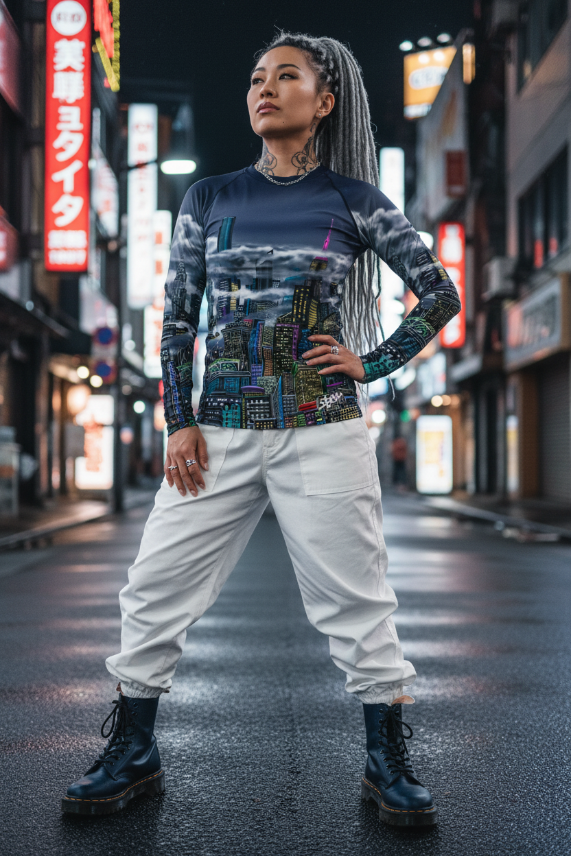 Person wearing a Loria NYC Art outfit with a cityscape design on a neon-lit street.