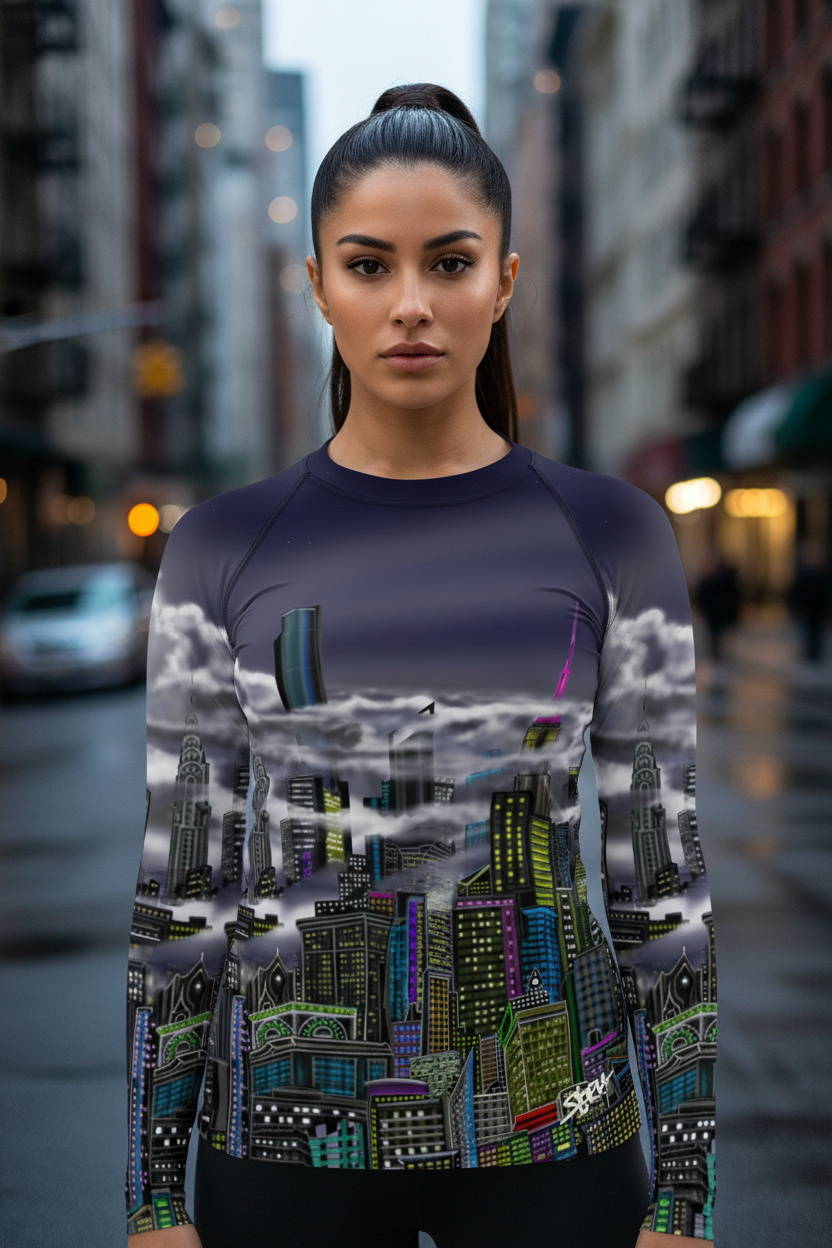Woman wearing a graphic Loria NYC Art shirt with cityscape design on an urban street background