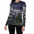  Front of women wearing a colorful Loria NYC Art shirt on a white background.