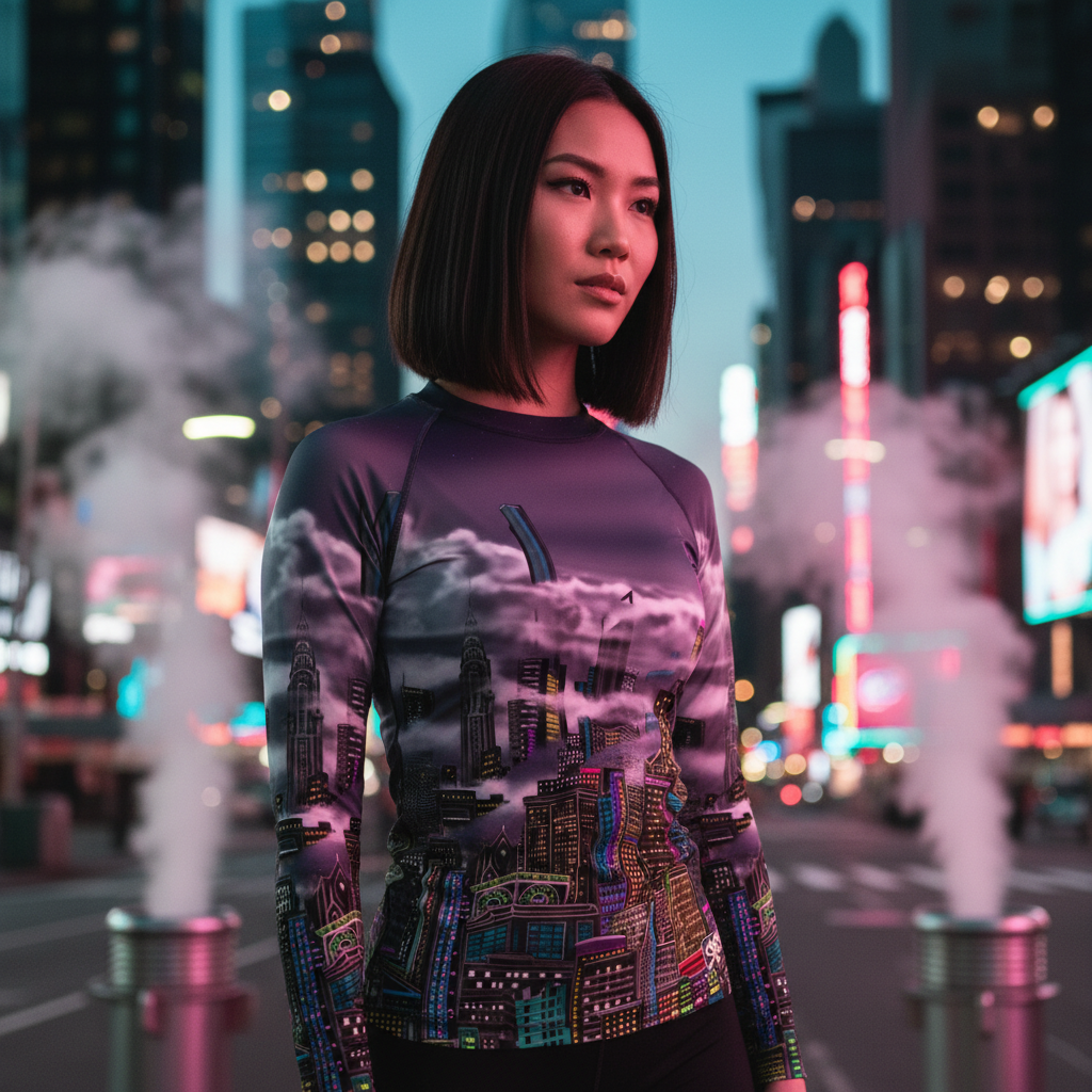 Woman in rash guard designed by Loria NYC Art with cityscape design against a neon-lit urban background