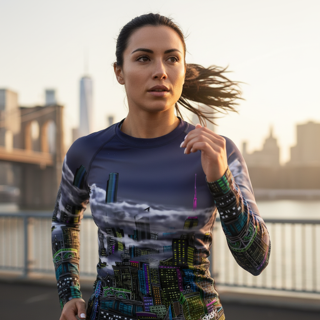 Woman running on a bridge with a city skyline Loria NYC Art shirt with Brooklyn bridge in background 