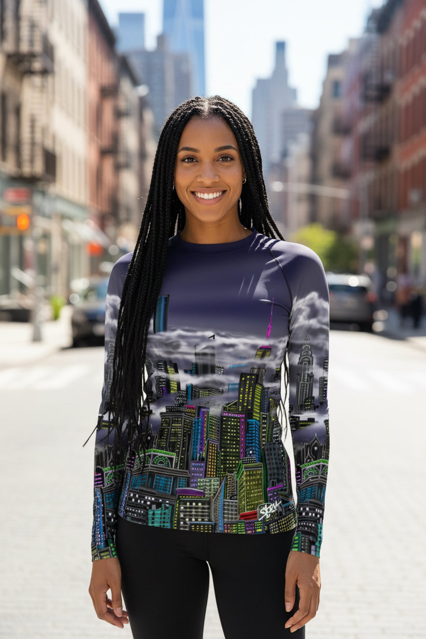 Women posing in a Rash Guard shirt with Cavalieri Notte Urbana designed by S.Loria NYC Art