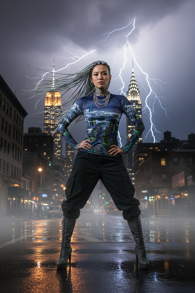 Person in a colorful Loria NYC Art shirt standing in front of a cityscape with lightning in the background