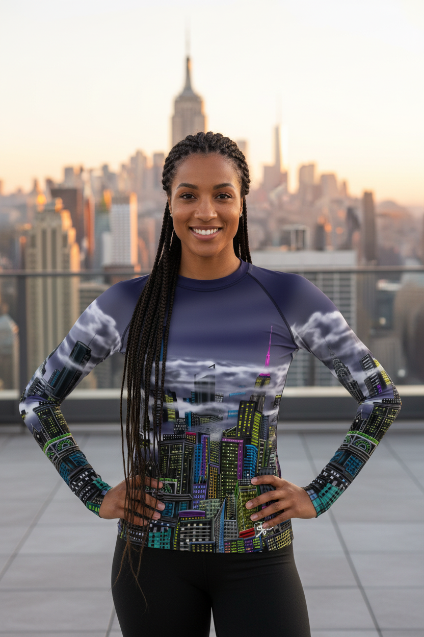 Woman wearing a colorful long-sleeve shirt with a cityscape Loria NYC Art design, standing on a rooftop with a city skyline in the background.