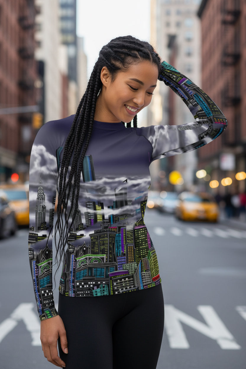 Women posing in a Rash Guard shirt with Cavalieri Notte Urbana designed by S.Loria NYC Art