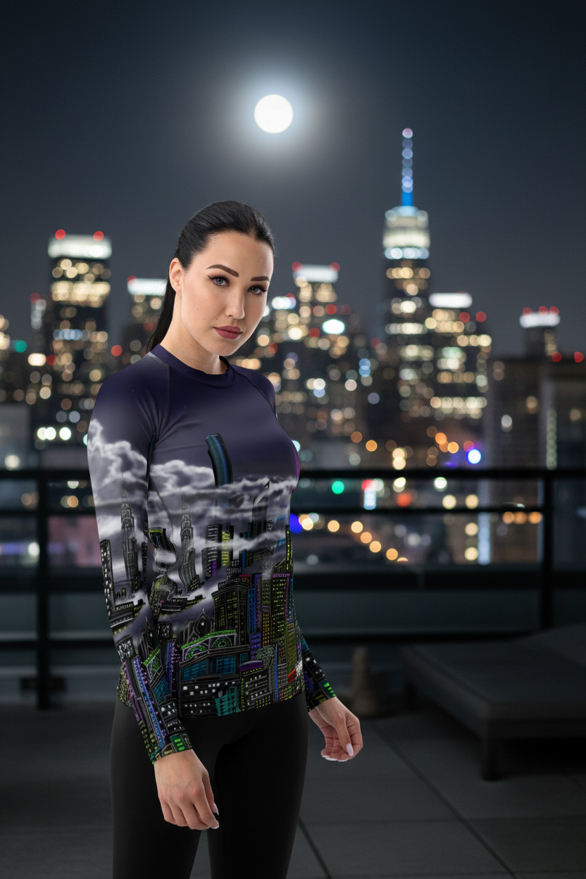 Person wearing a dynamic shirt designed by Loria NYC Art with a city skyline in the background