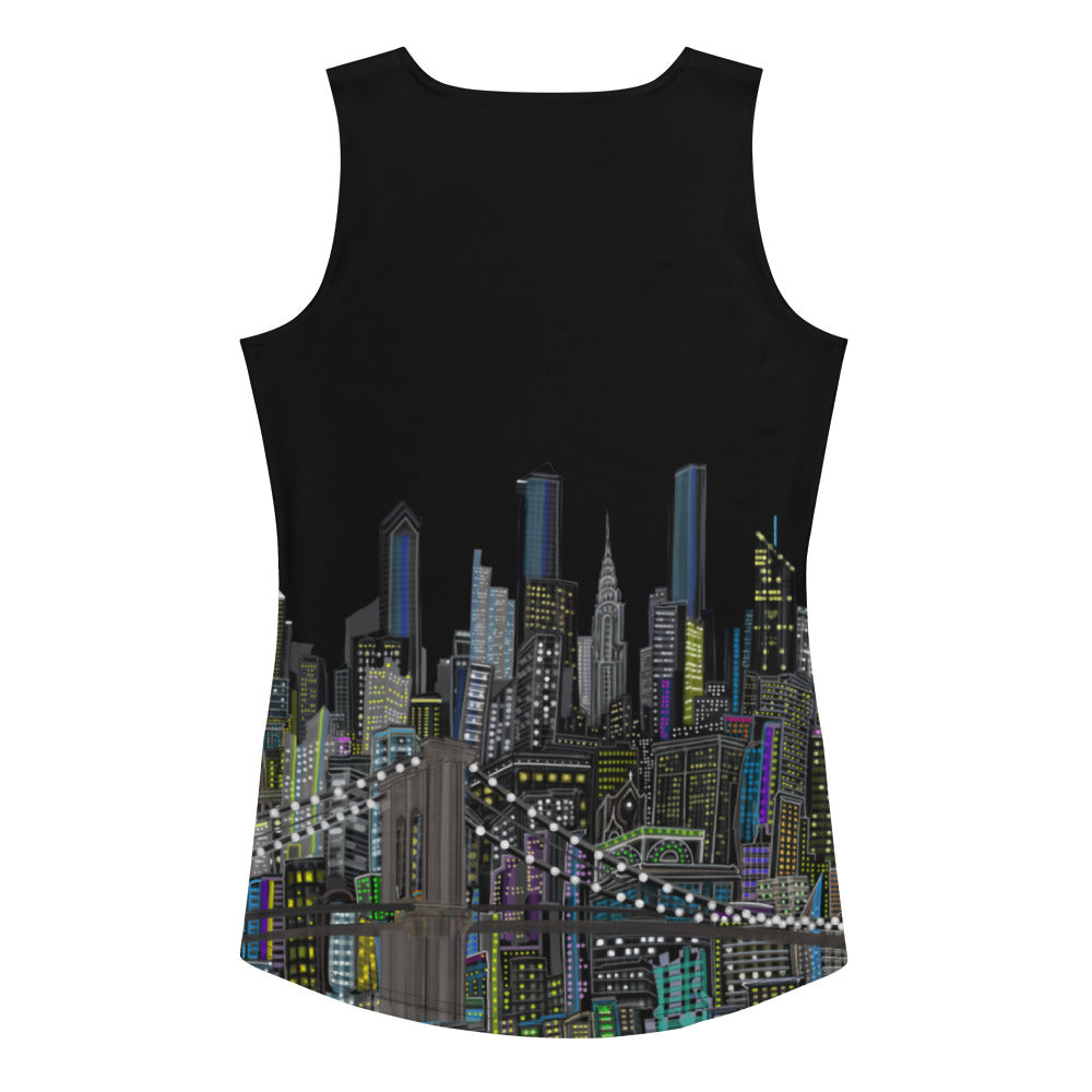 Back of a Tank Top with Mezzanotte Manhattan Abstract Skyline by Loria NYC Art design on a white background