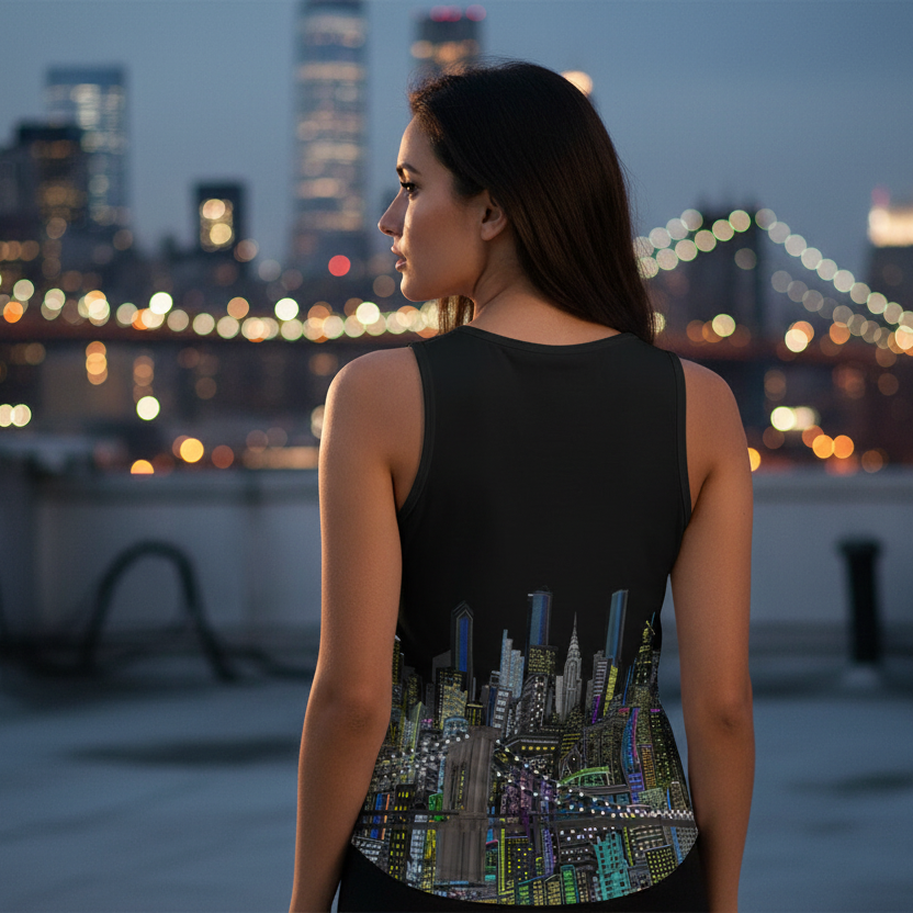 Woman wearing a black sleeveless top with cityscape Loria NYC Art design, standing on a rooftop with a city skyline in the background.