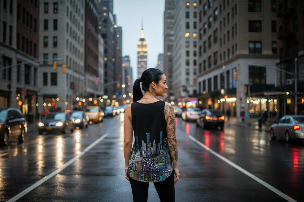 Woman wearing a Loria NYC Art top standing on a city street at night with illuminated buildings