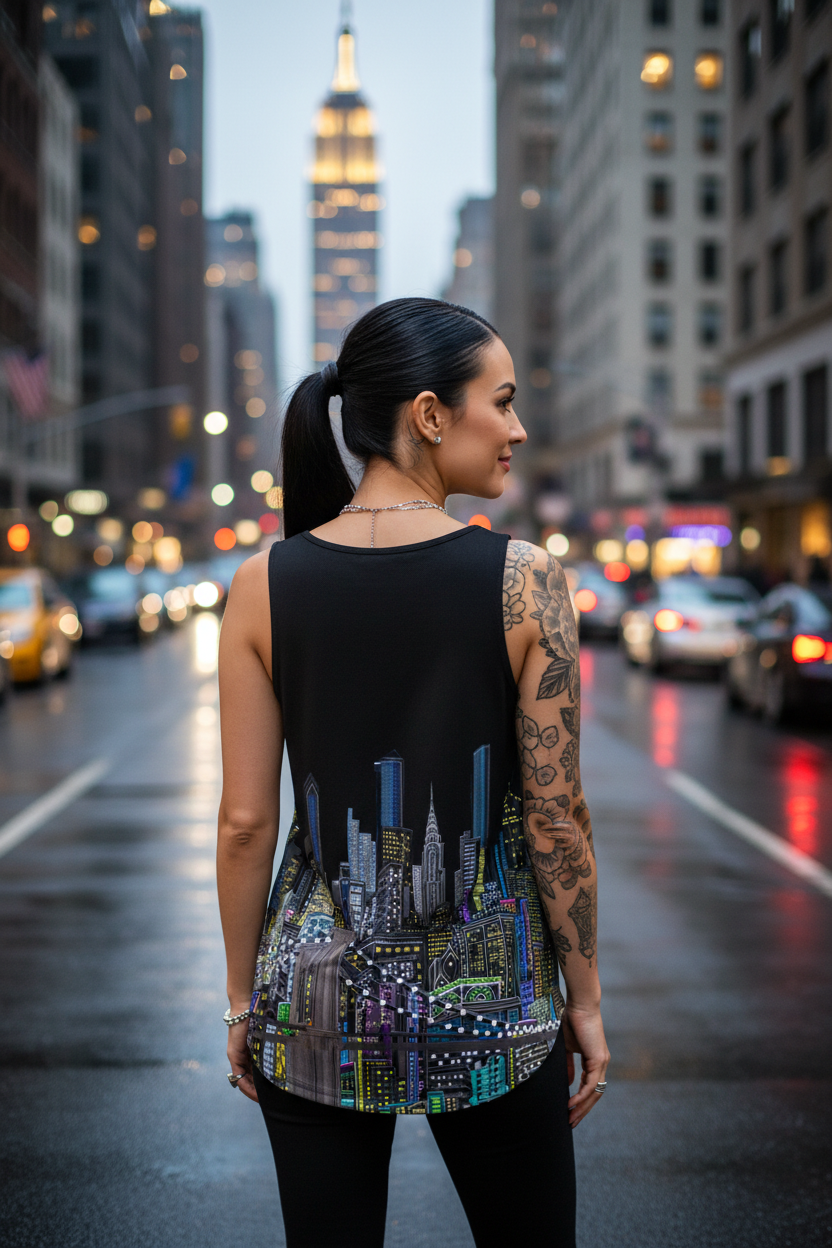 Woman wearing a sleeveless top with cityscape Loria NYC Art design on a city street at night.