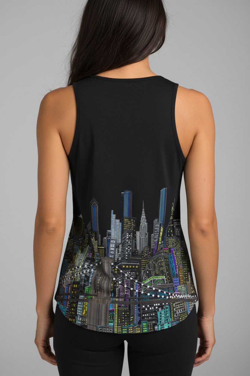 Person wearing a black sleeveless top with a cityscape Loria NYC Art design on a gray background