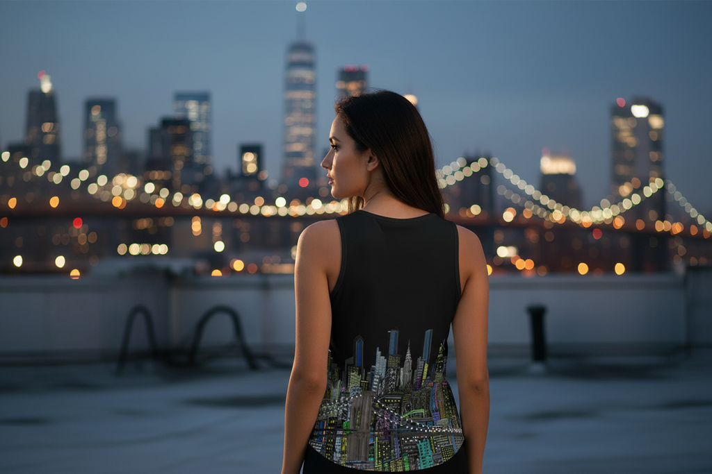 Woman wearing a sleeveless shirt with a cityscape Loria NYC Art design, standing on a rooftop with a city skyline in the background.