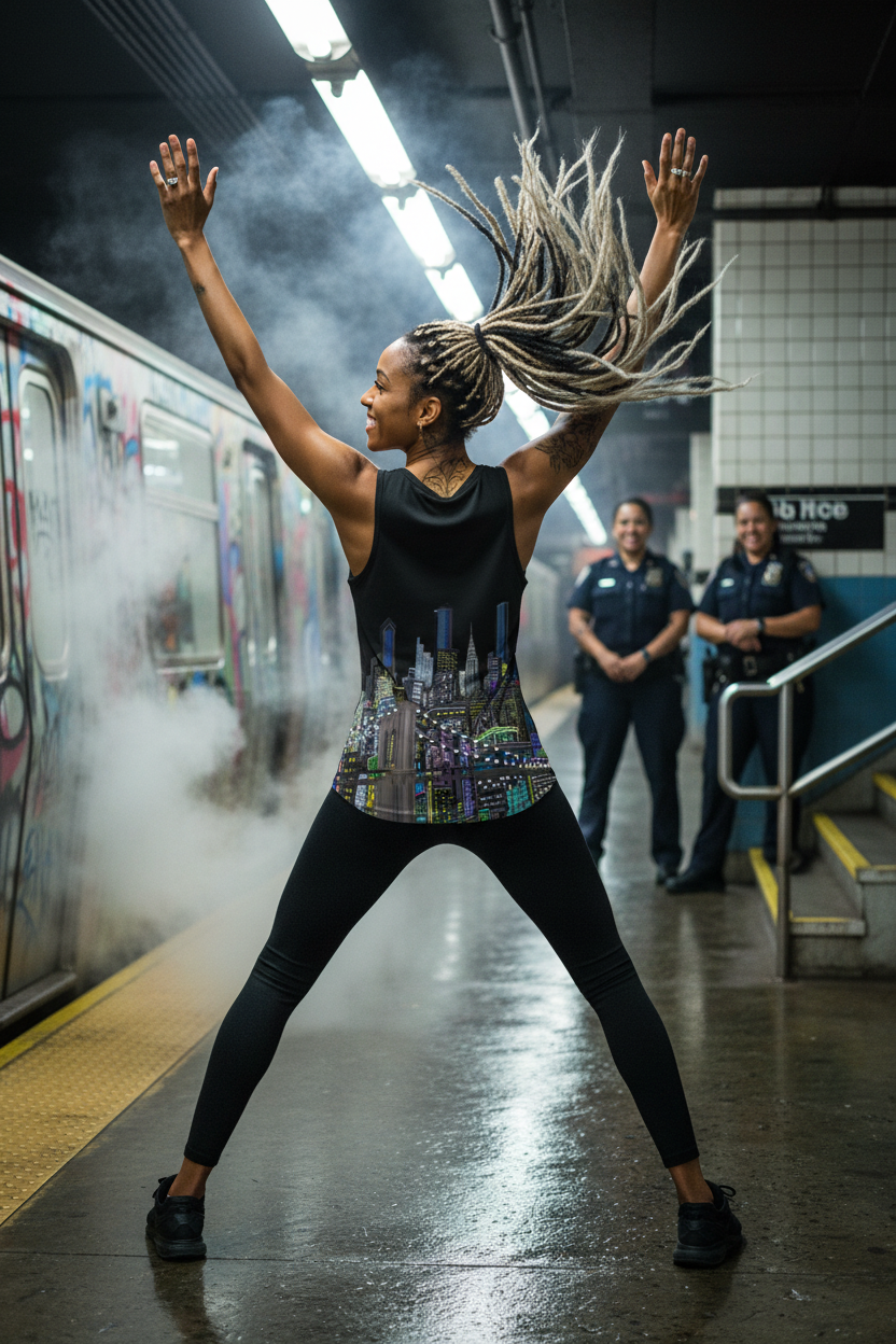 Woman in a black tank top with a cityscape Loria NYC Art design and leggings standing in a subway station.