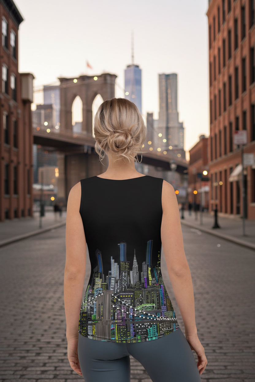 Back of Women wearing black Tank Top Mezzanotte Manhattan Abstract Skyline by Loria NYC Art design on a white background