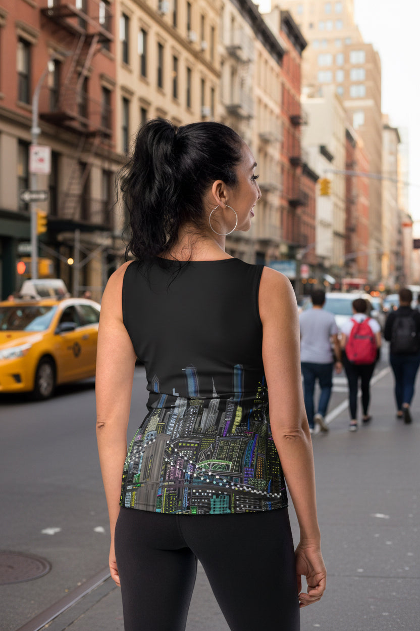 Back of Women wearing black Tank Top Mezzanotte Manhattan Abstract Skyline by Loria NYC Art design on a urban background