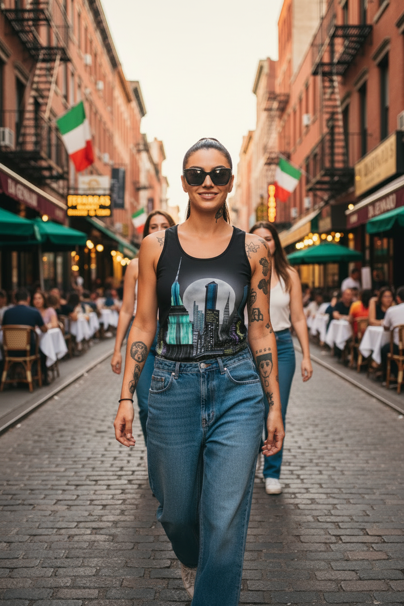 Lady walking in street and wearing a tank top with Loria NYC Art