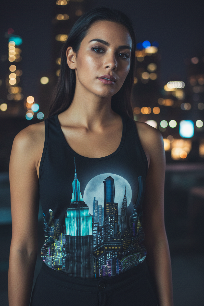 Woman wearing a tank top with a cityscape Loria NYC Art design against a night-time cityscape background