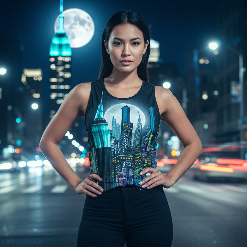 Woman wearing a tank top with a cityscape Loria NYC Art design on a city street at night.