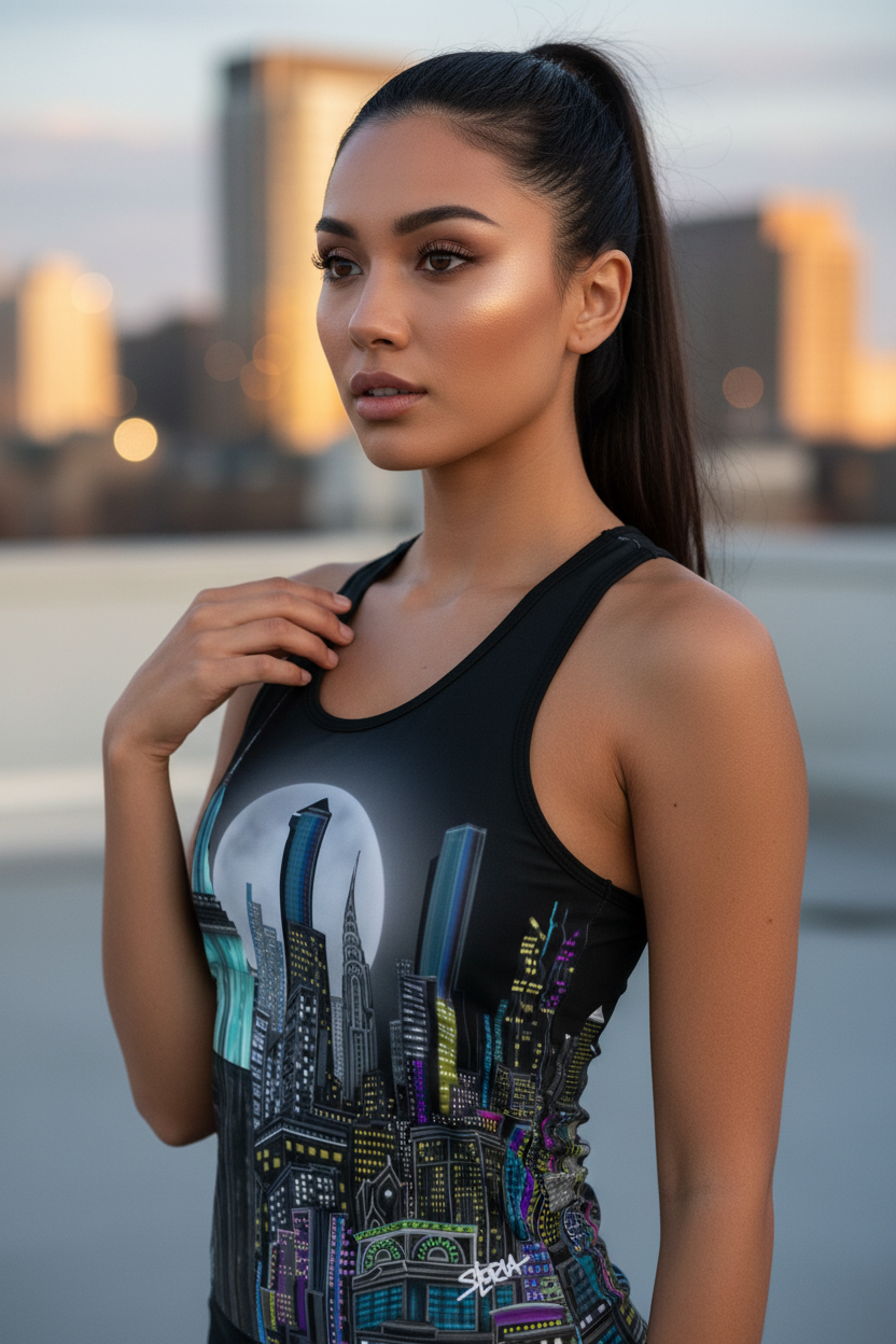Woman wearing a black tank top with colorful Loria NYC Art cityscape design against an urban background