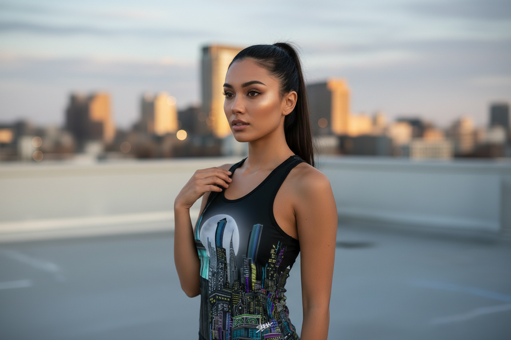 Woman in a black tank top with a cityscape Loria NYC Art design standing on a rooftop with a city skyline in the background.
