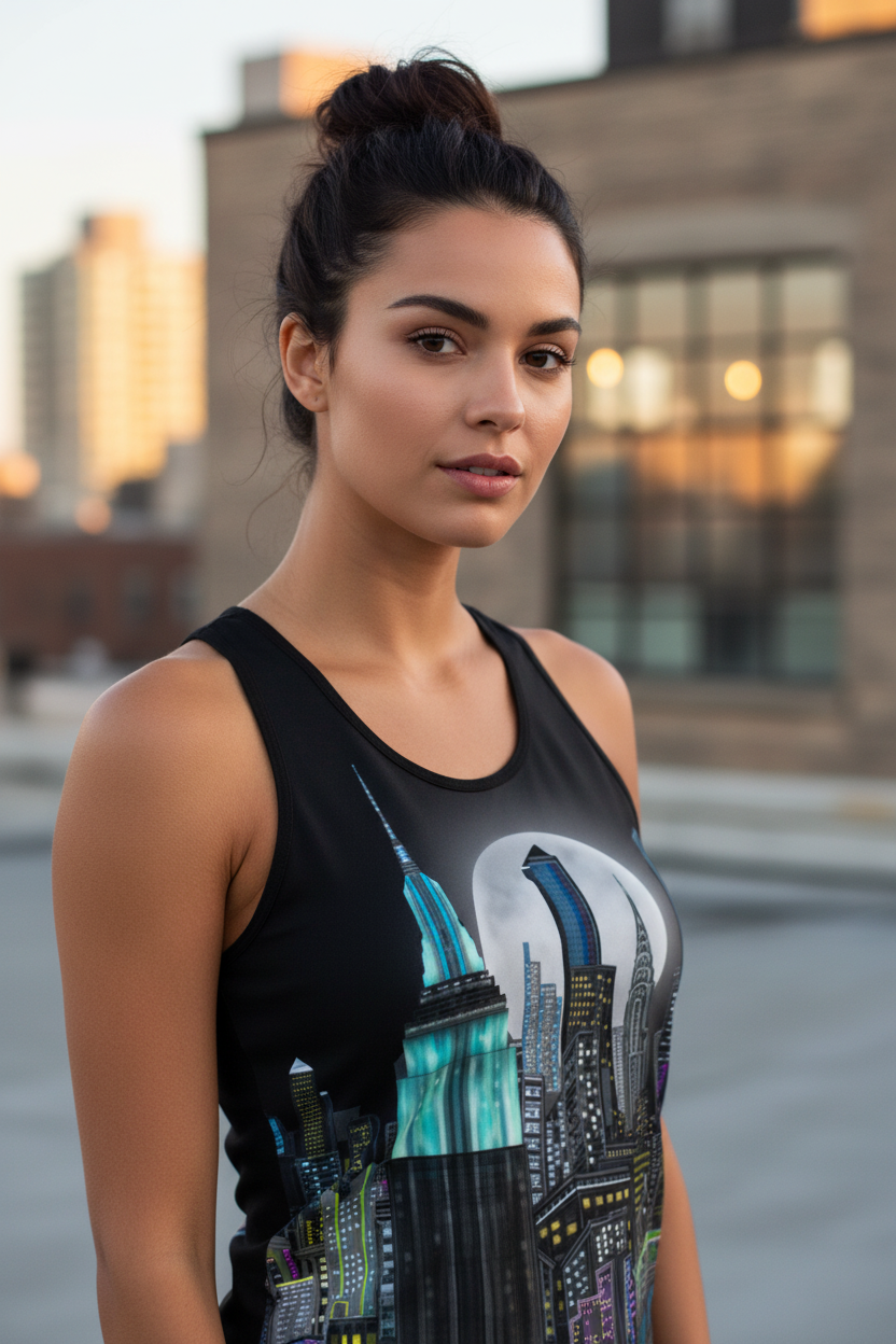 Woman wearing a black tank top with a cityscape Loria NYC Art design in an urban setting