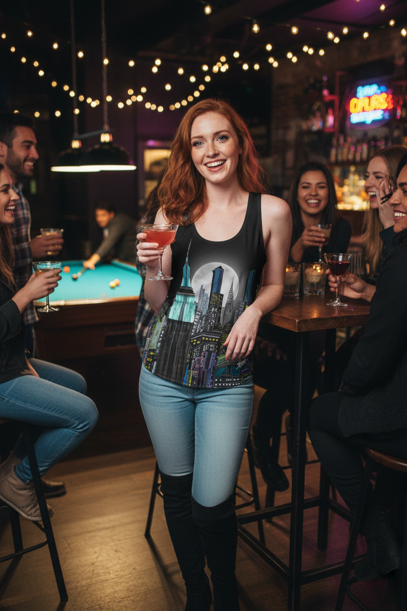 Girl in bar having a drink wearing a Loria NYC Art tank top