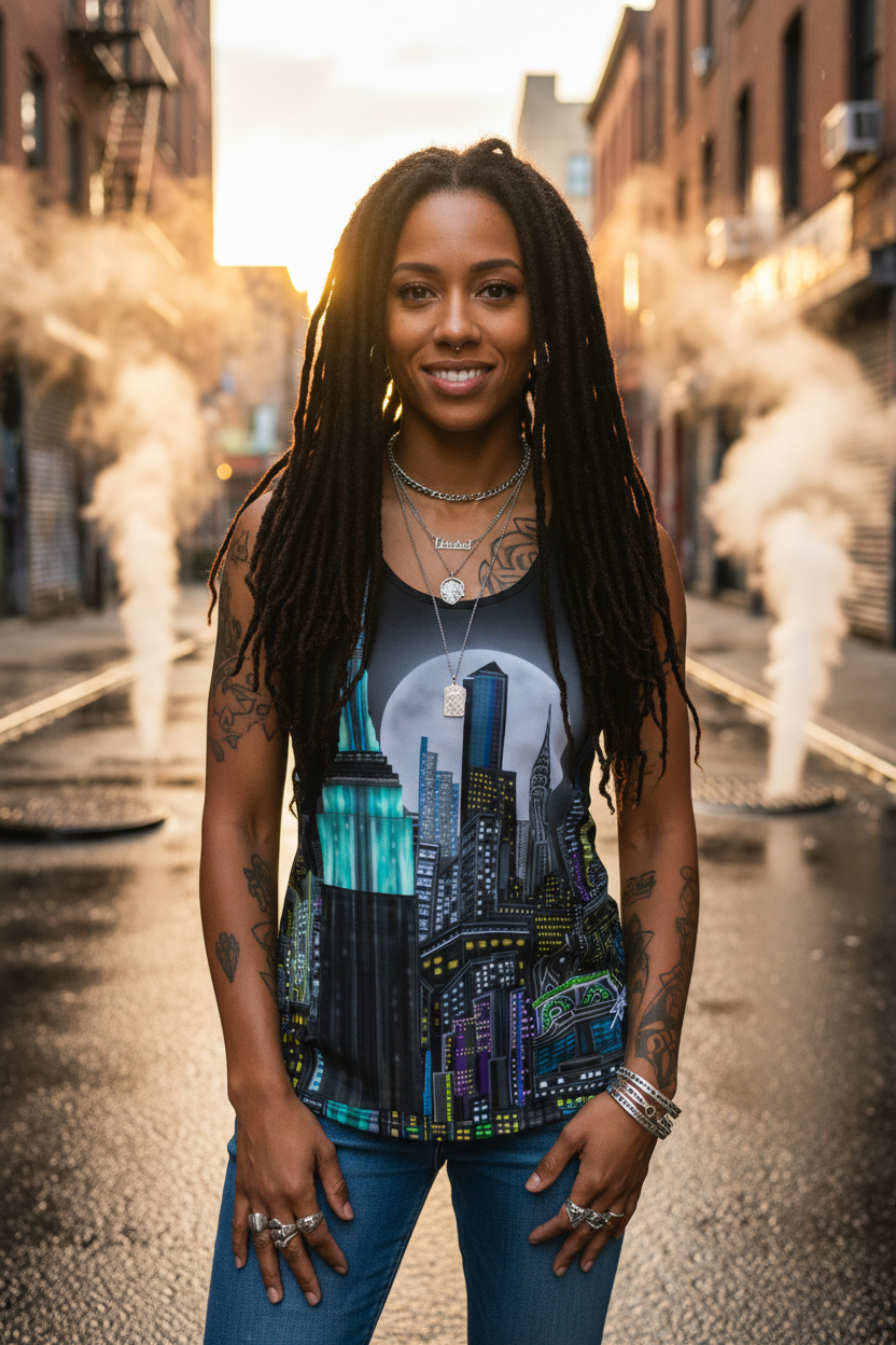 Woman wearing a tank top with a cityscape Loria NYC Art design standing on a street with fountains.