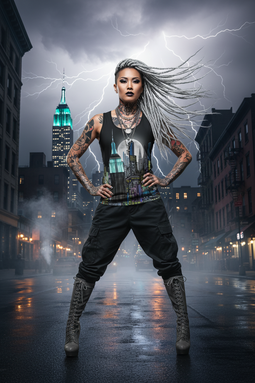 Person with tattoos and a Loria NYC ART tank top standing on a city street with lightning in the background
