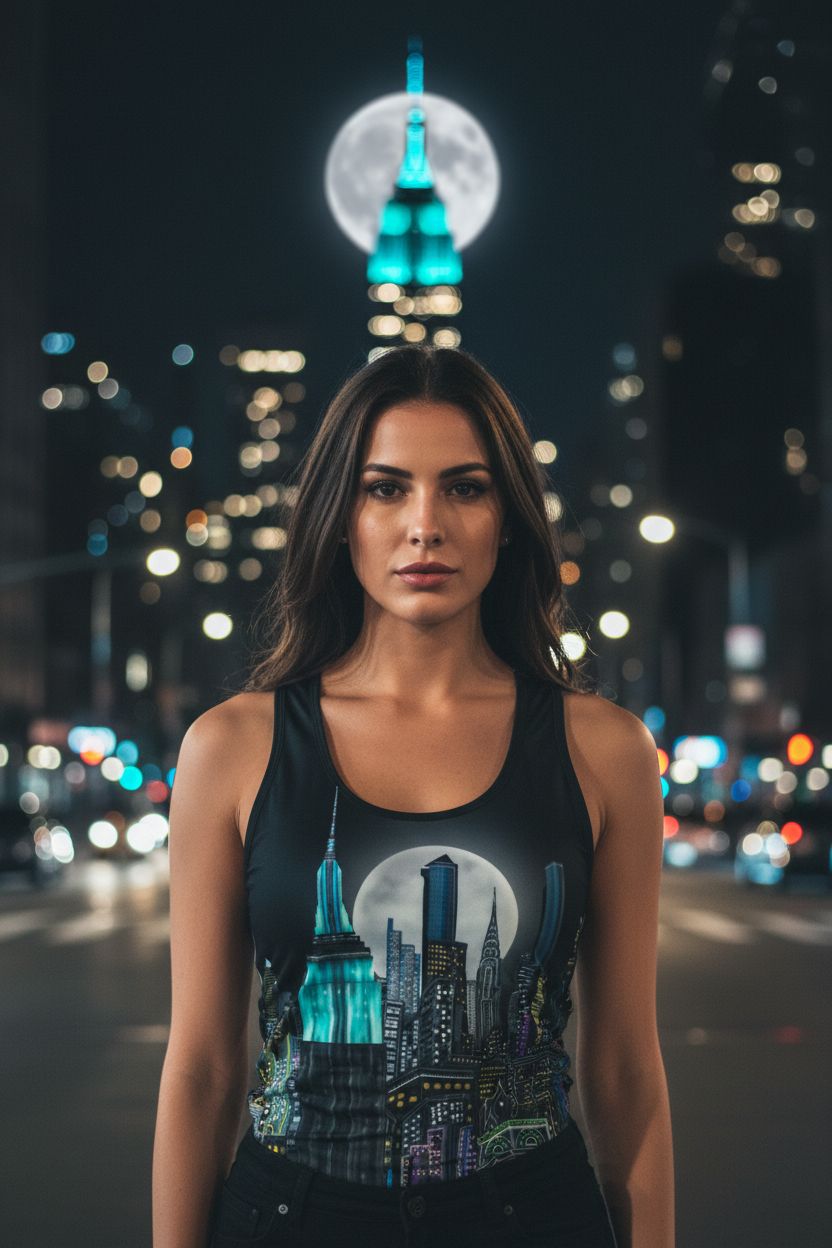 Woman wearing a tank top with a cityscape Loria NYC Art design in an urban night setting