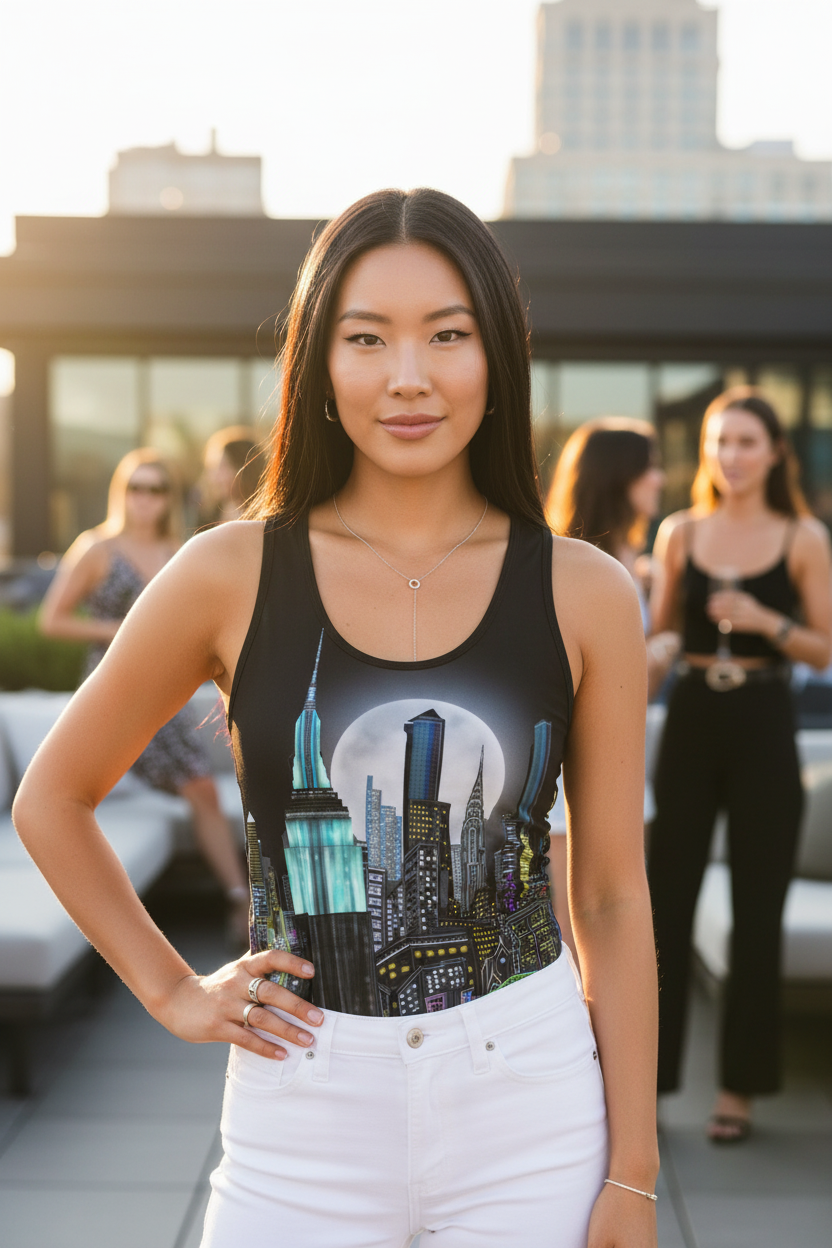 Woman wearing a tank top with a cityscape Loria NYC Art design on a rooftop.