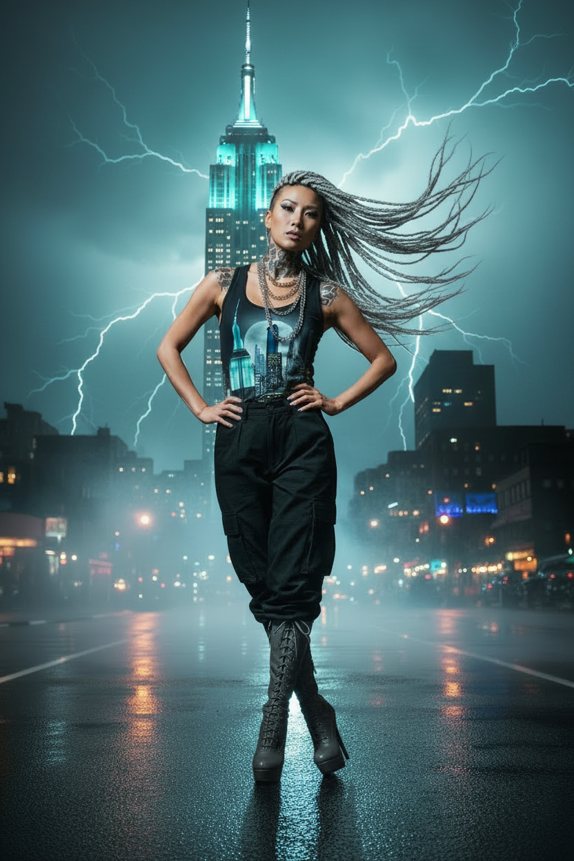 Woman wearing a Loria NYC Art tank standing on a city street with lightning and skyscrapers in the background