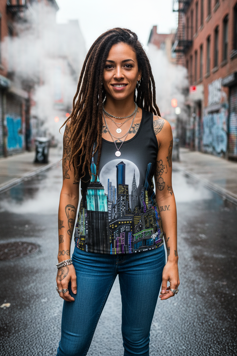 Woman wearing a tank top with a cityscape Loria NYC Art design on a city street.