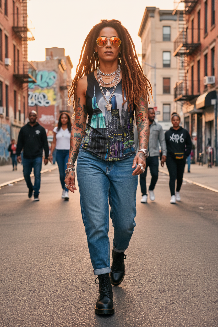 Woman with dreadlocks walking on a city street, wearing sunglasses and a sleeveless tank top designed by Loria NYC Art