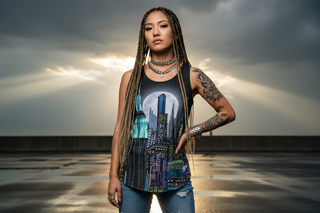 Woman wearing a sleeveless top with a cityscape Loria NYC Art design against a dramatic sky.