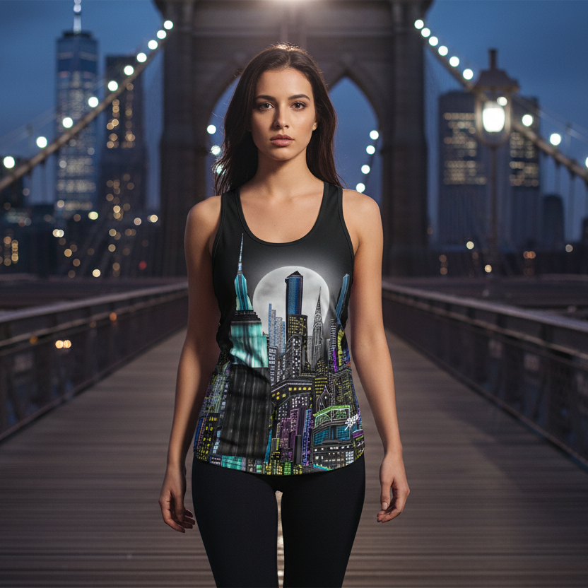 Woman wearing a tank top with a cityscape Loria NYC Art design on a bridge at night.