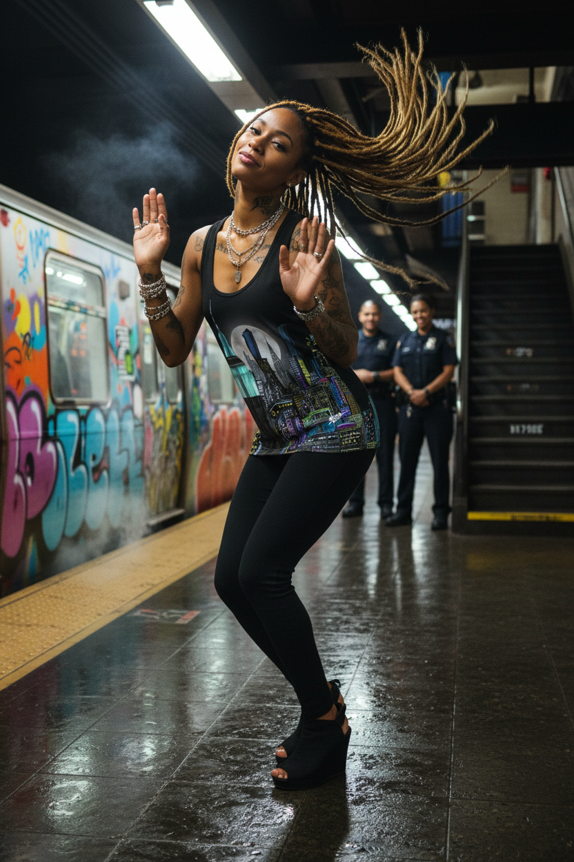 Woman dancing in a subway station with colorful Loria NYC Art tank top and graffiti on the walls.