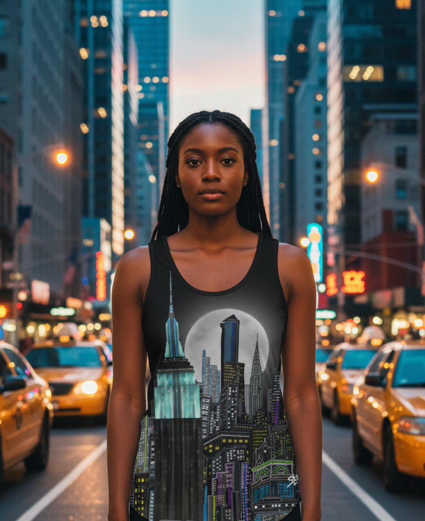 Woman wearing a tank top with a cityscape Loria NYC Art design on a busy street with taxis and tall buildings.