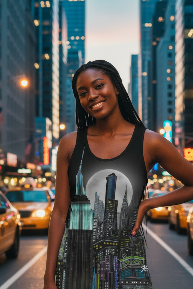 Woman in a city street wearing a tank top with a cityscape Loria NYC Art design.