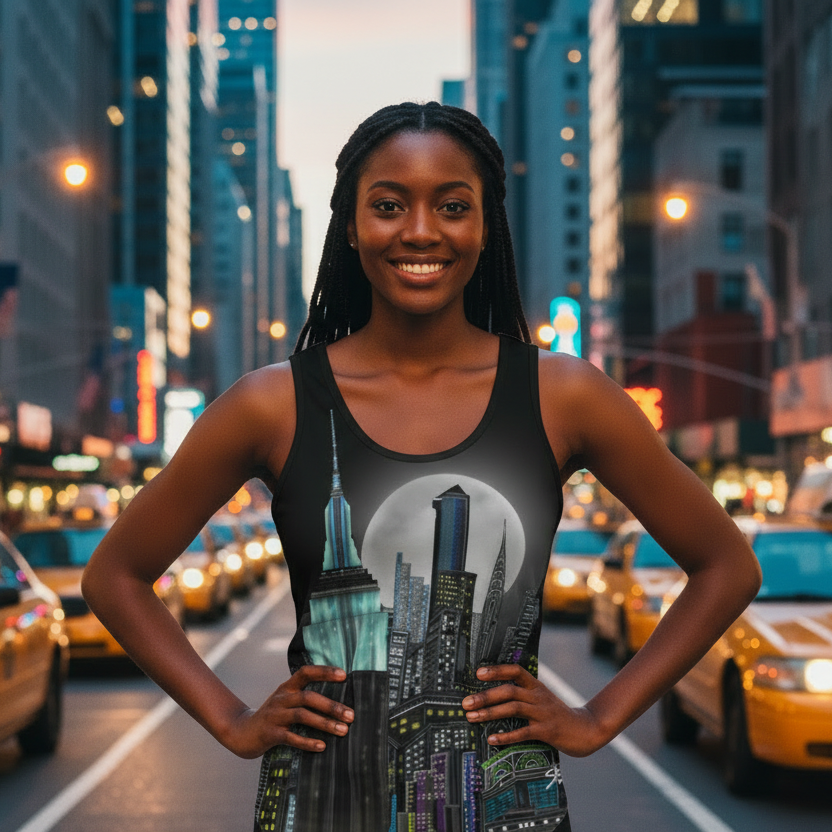 Woman wearing a tank top with a cityscape Loria NYC Art design on a busy street with taxis and tall buildings.