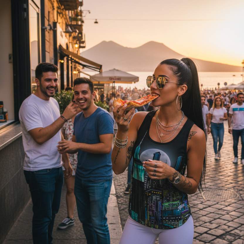 Woman wearing a Loria NYC Art tank eating pizza on a street with people and buildings in the background