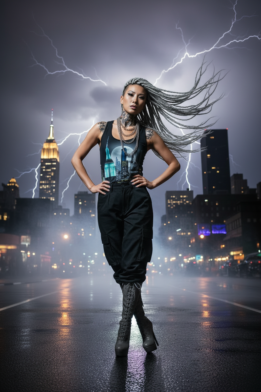 Person in a dynamic pose with a cityscape and lightning in the background
