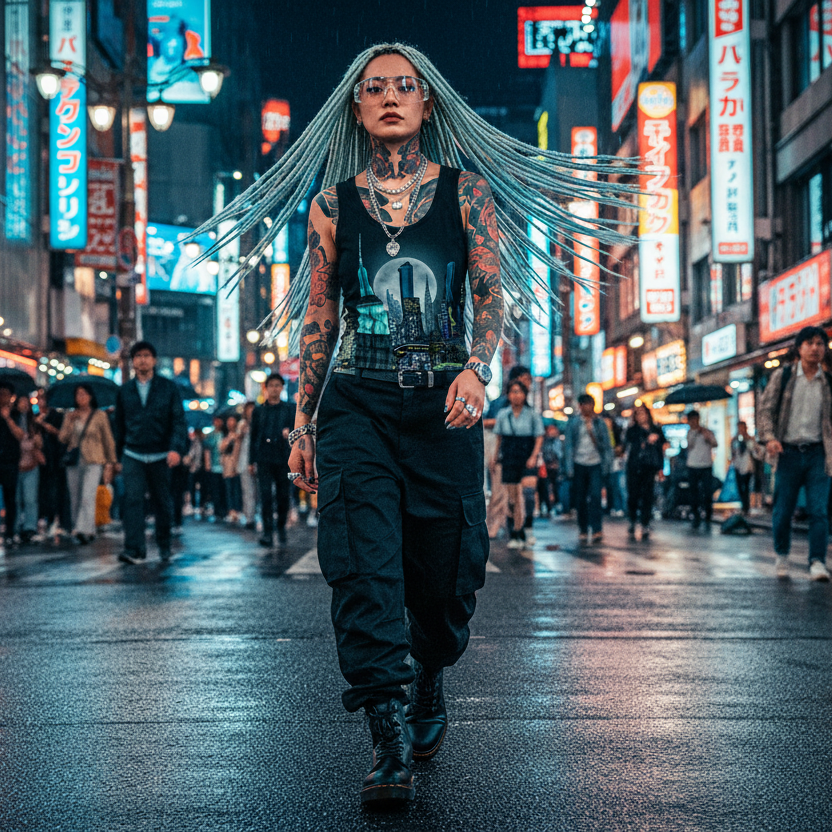 Person with long hair and tattoos walking through a neon-lit city street at night wearing tank top designed by Loria NYC Art