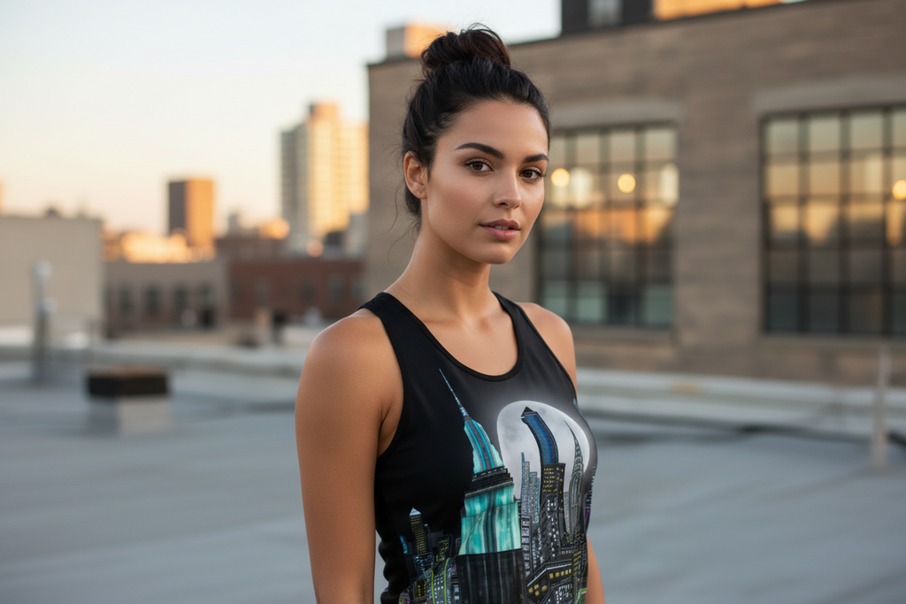 Woman wearing a black tank top with a cityscape Loria NYC Art design on a rooftop with buildings in the background.