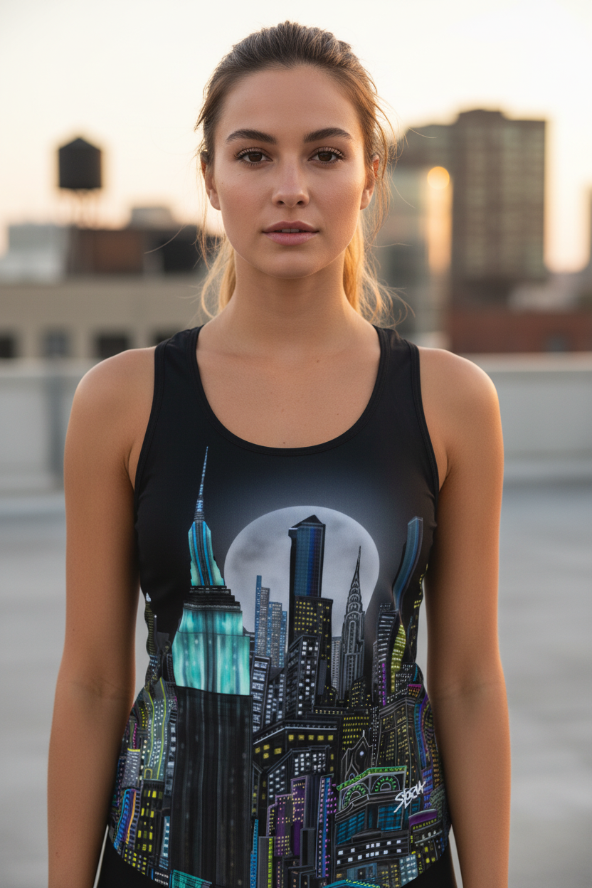 Woman wearing a tank top with a cityscape Loria NYC Art design on a rooftop at sunset.