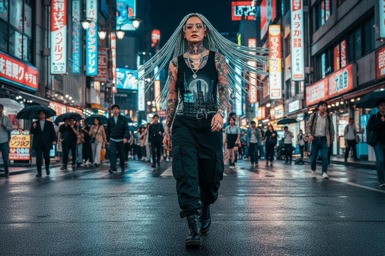 Person wearing a Loria NYC Art tank top with long hair and tattoos walking through a neon-lit city street at night.