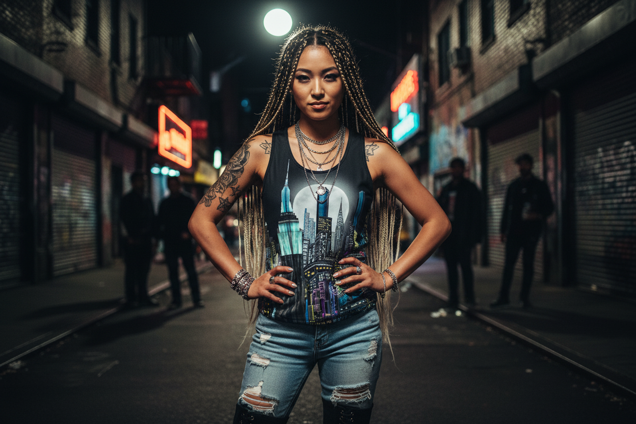 Woman wearing a Loria NYC Art top with braided hair and tattoos standing on a street at night.