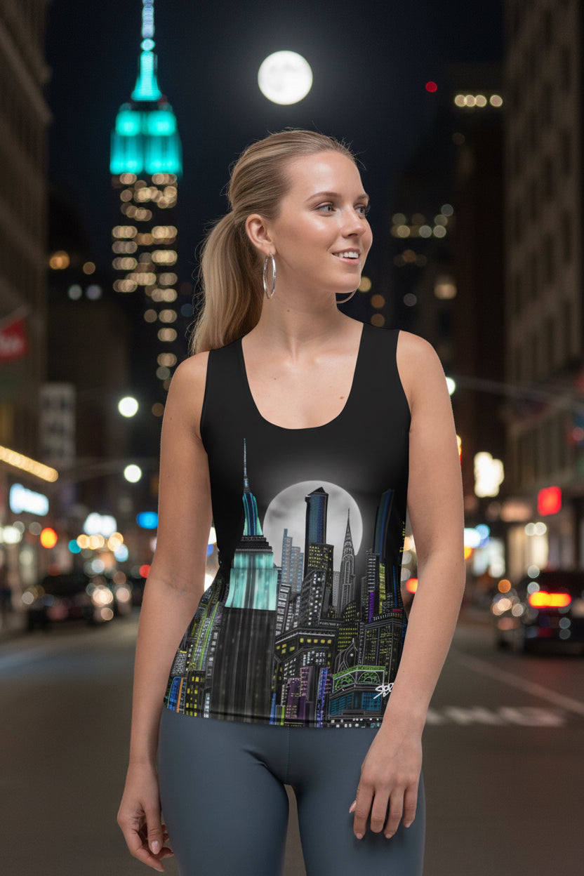 Front of Women wearing black Tank Top Mezzanotte Manhattan Abstract Skyline by Loria NYC Art design on a white background