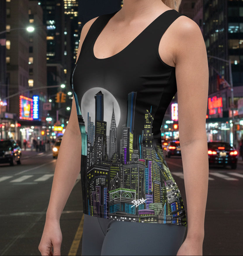 Side of Women wearing black Tank Top Mezzanotte Manhattan Abstract Skyline by Loria NYC Art design on a white background