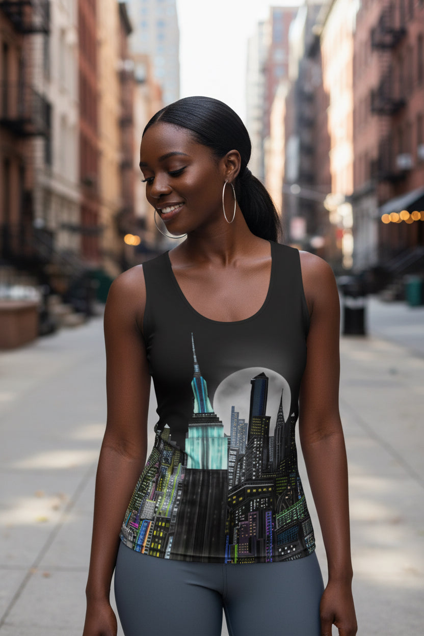  Posing Women wearing black Tank Top Mezzanotte Manhattan Abstract Skyline by Loria NYC Art design on a urban background